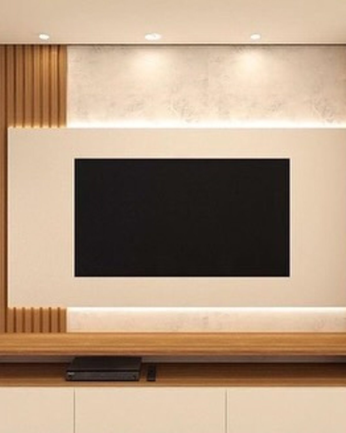 Elegant and modern entertainment area with a symmetrical design featuring a television set in the center, flanked by identical wooden shelves and LED backlighting.