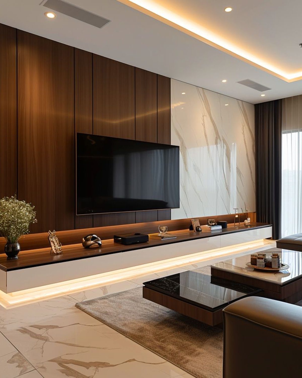 A modern and sleek living room featuring a dark wood entertainment unit with a mounted flat-screen TV and LED strip lighting