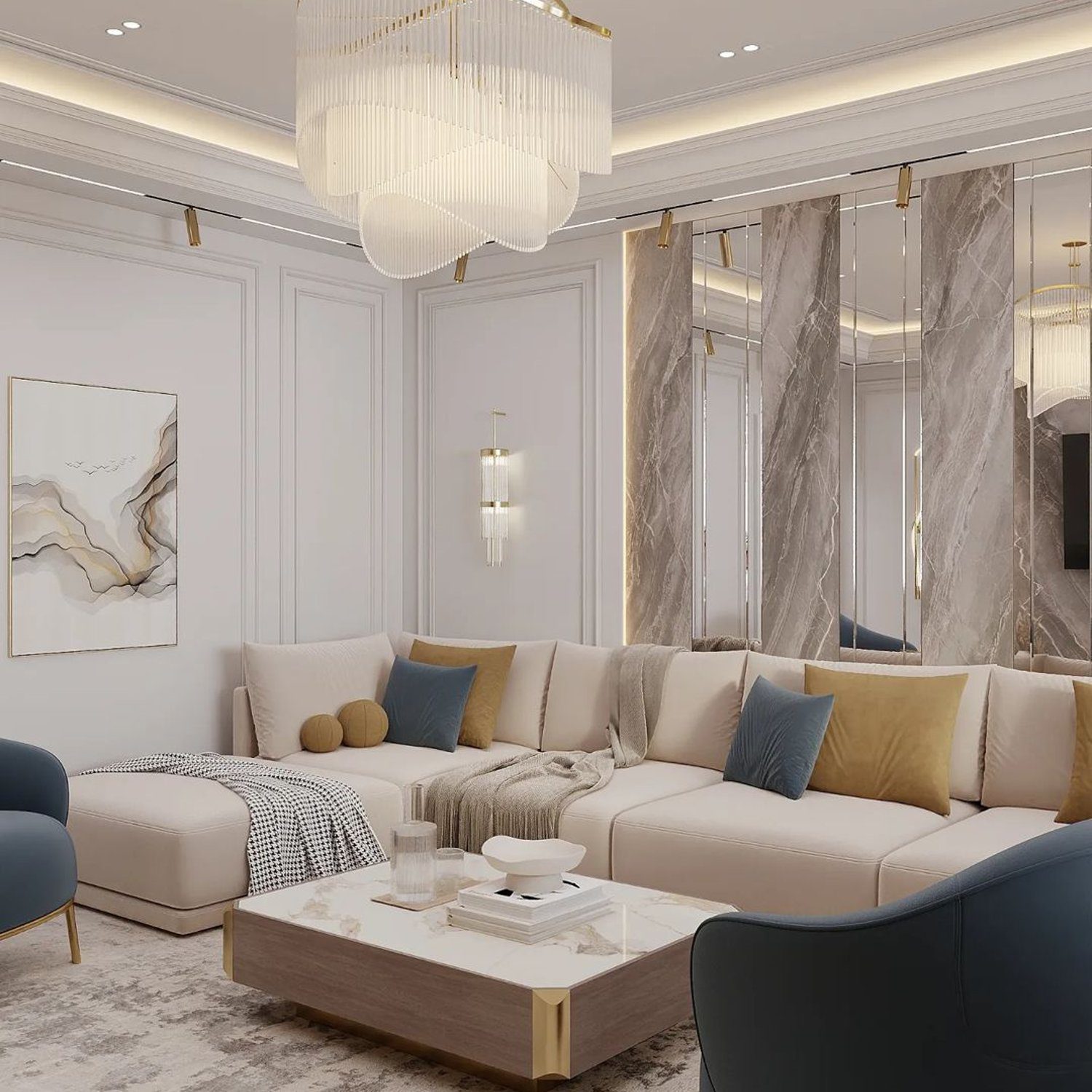 Elegant and modern living room featuring a neutral color palette