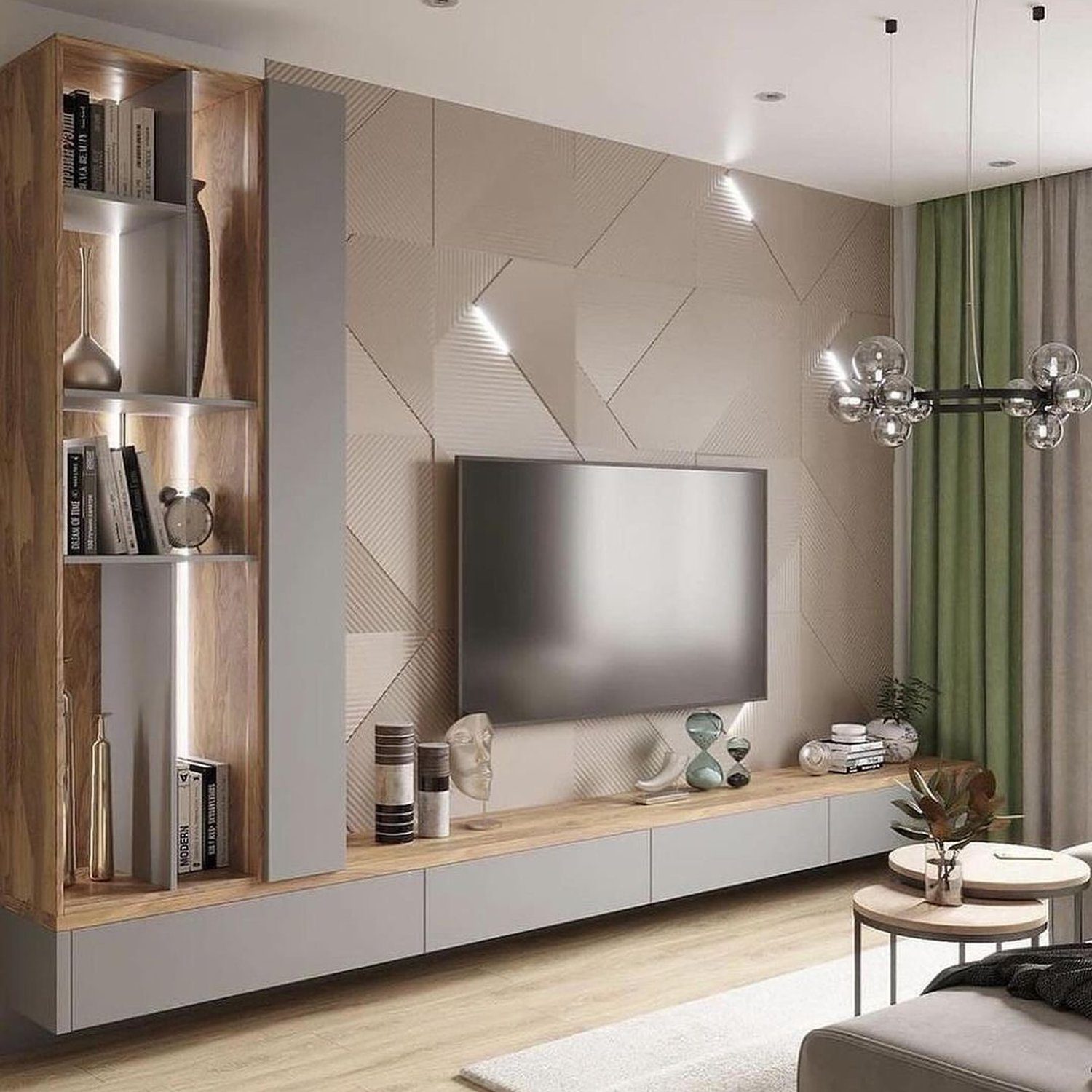 A modern living room with textured geometric wall panels, featuring a sleek TV console and built-in shelving