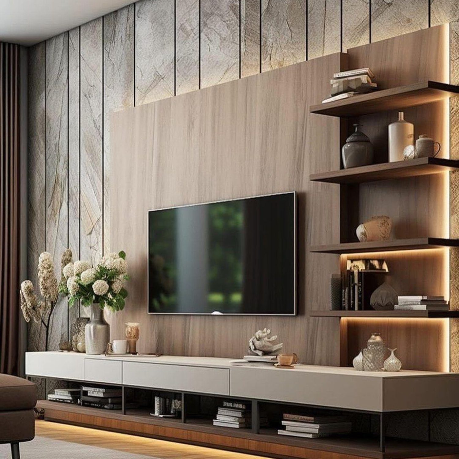 Elegant modern living room with a wall-mounted TV