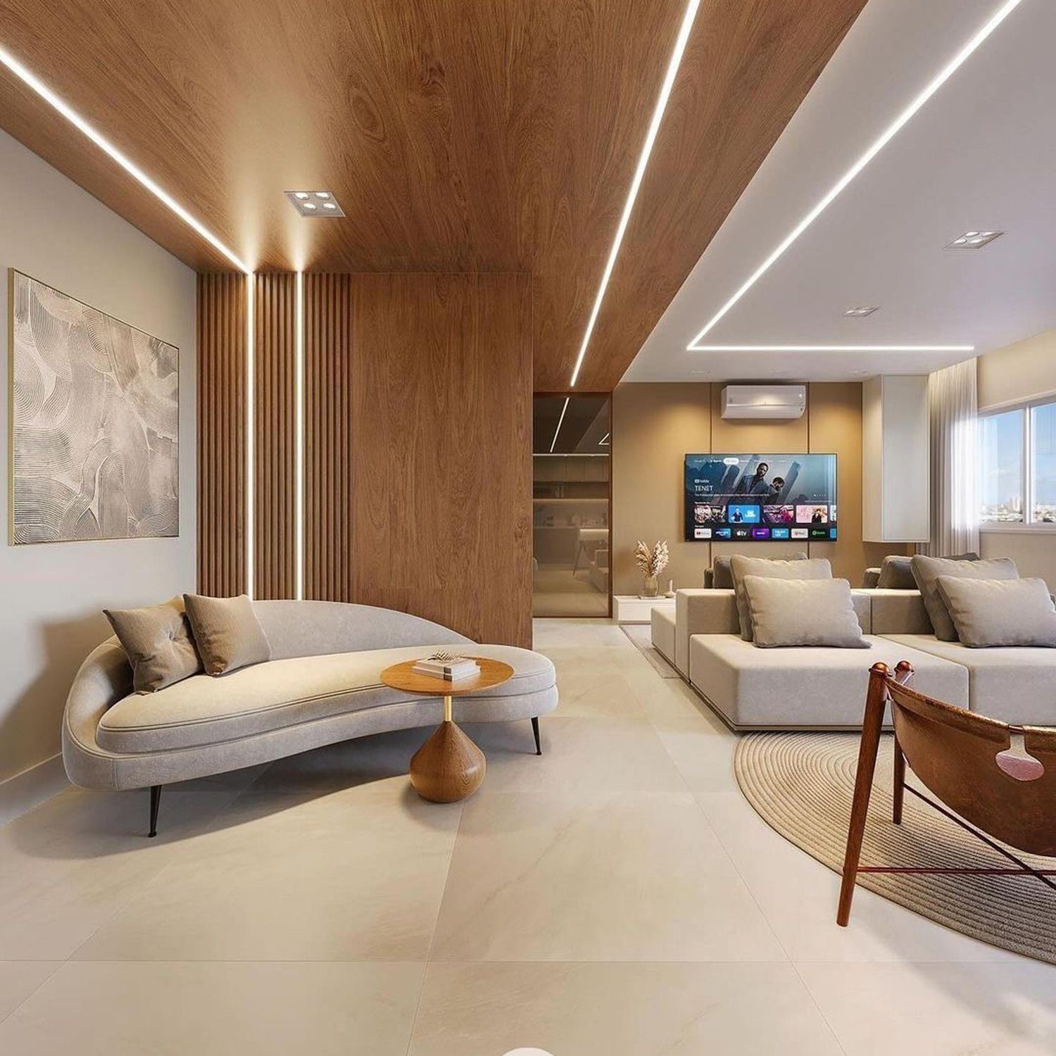 Elegant modern living room with wooden features and ambient lighting