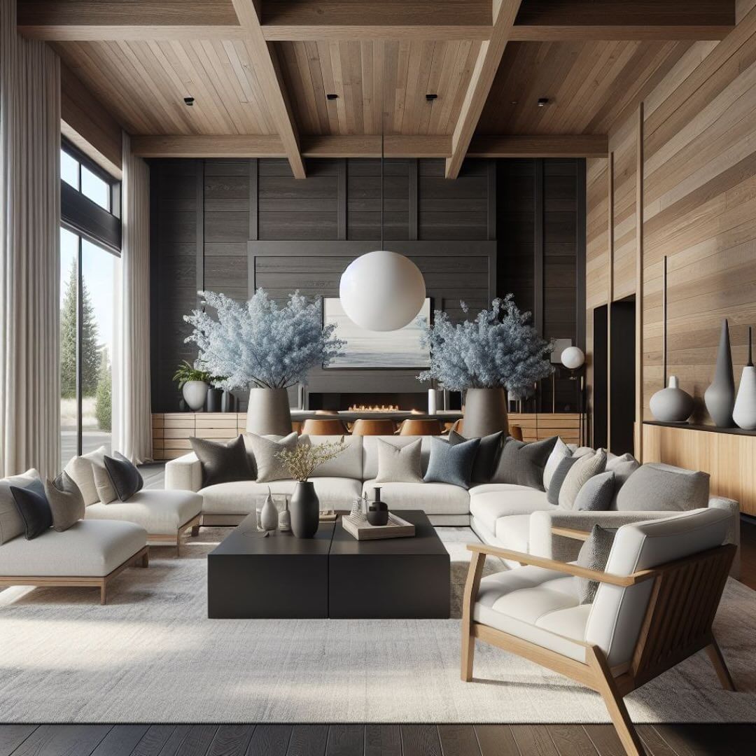 A modern, well-lit living room with stylized wooden architecture and plush seating