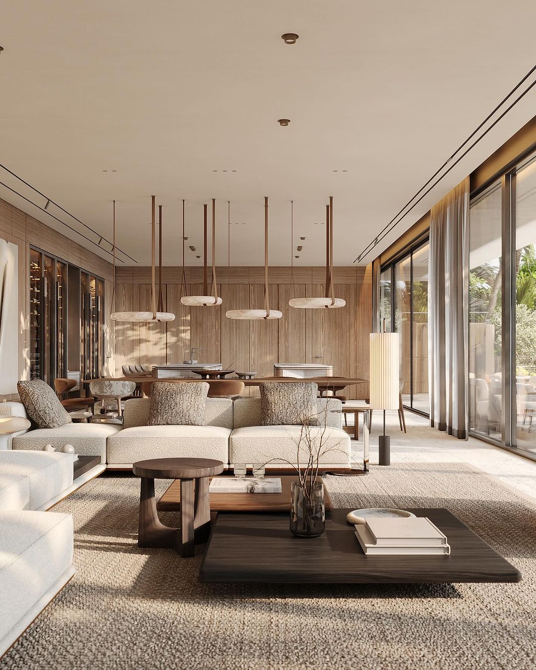 A warm-toned, contemporary living space with wooden elements and ample natural light.