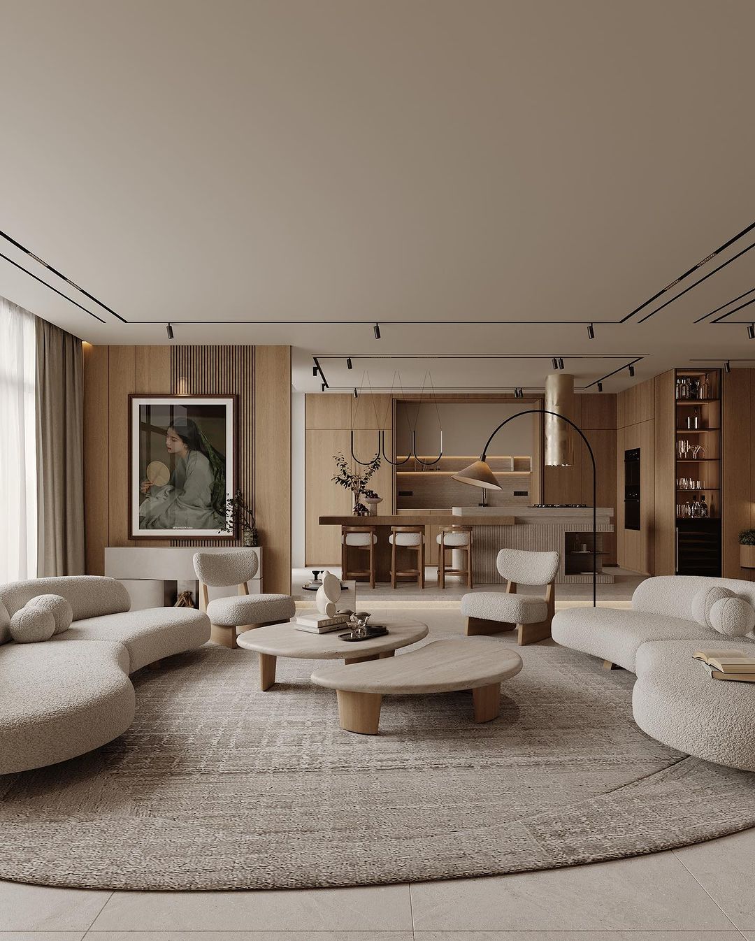 A modern neutral-toned living room with artistic furniture arrangements