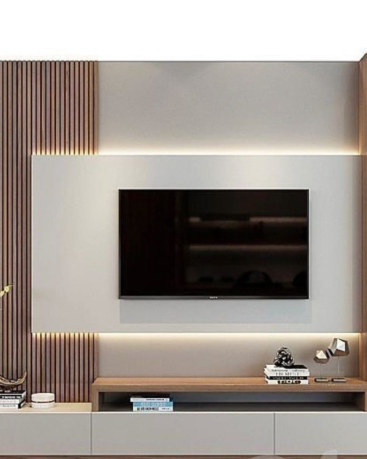 Modern minimalist living room with a sleek built-in TV unit