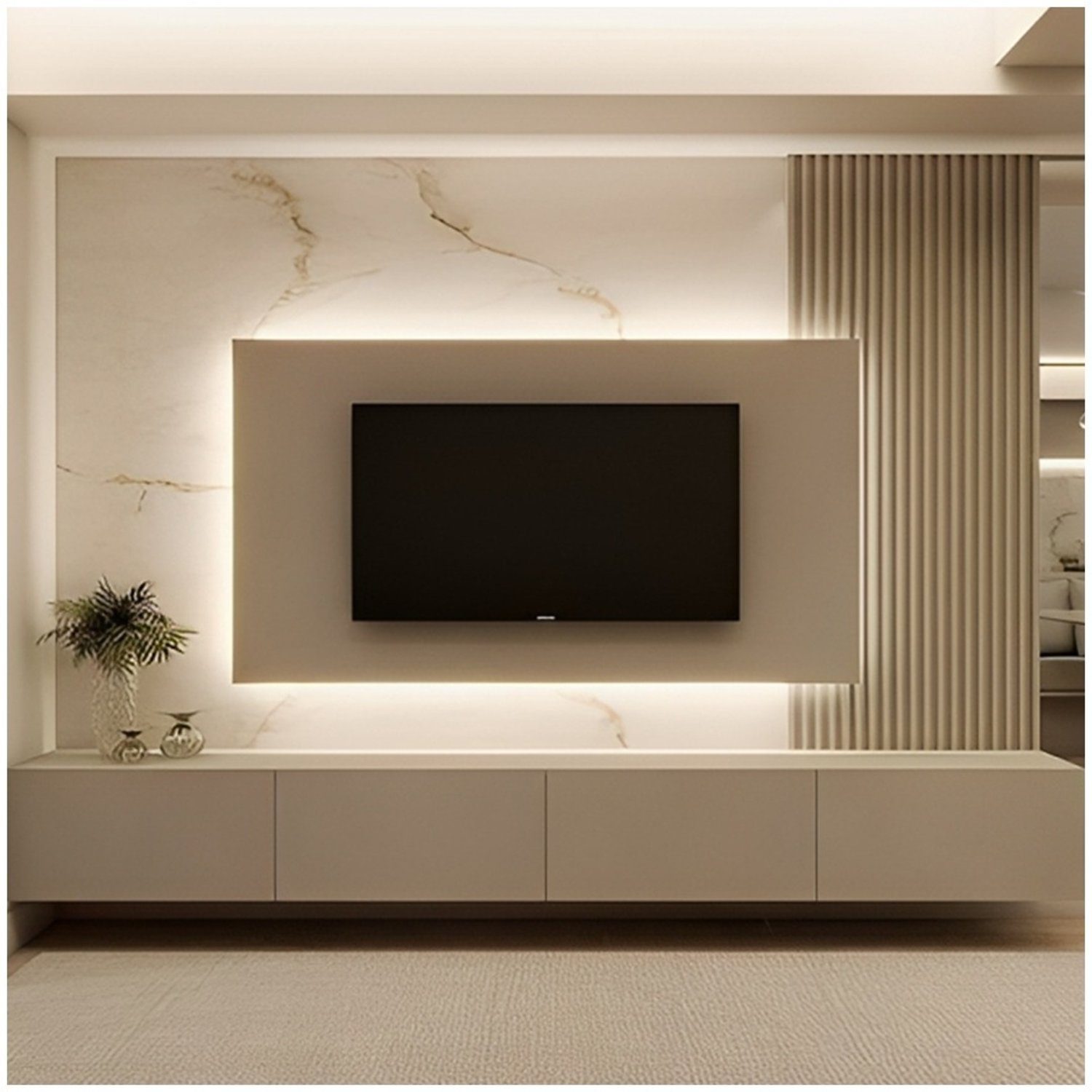 An elegantly minimalist living room TV area