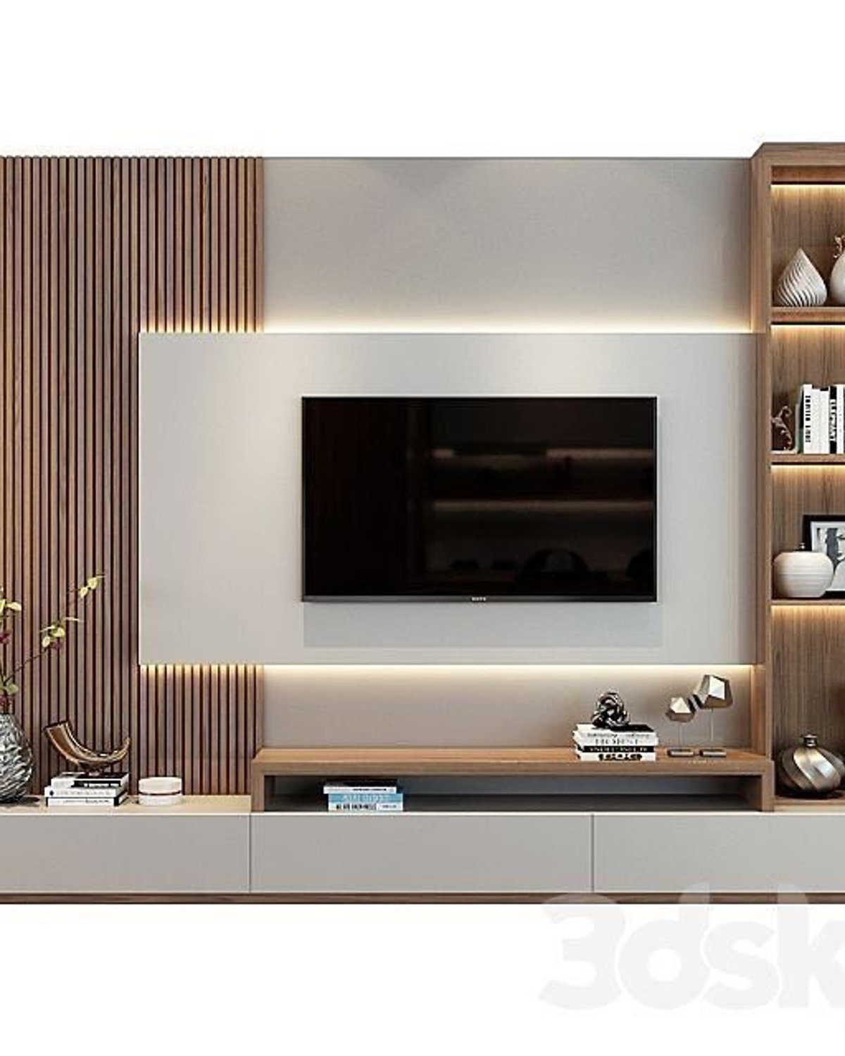 Elegant and modern living room wall unit with vertical wooden slats and an integrated backlit niche for a TV