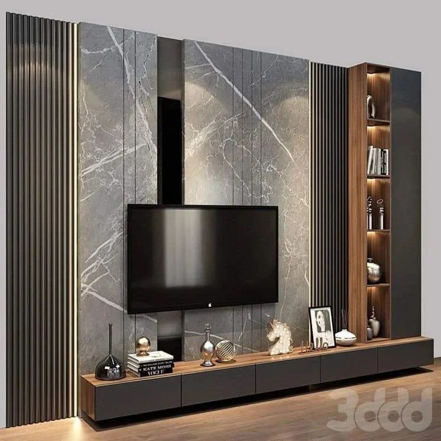 Elegant and modern living room wall unit featuring marble texture