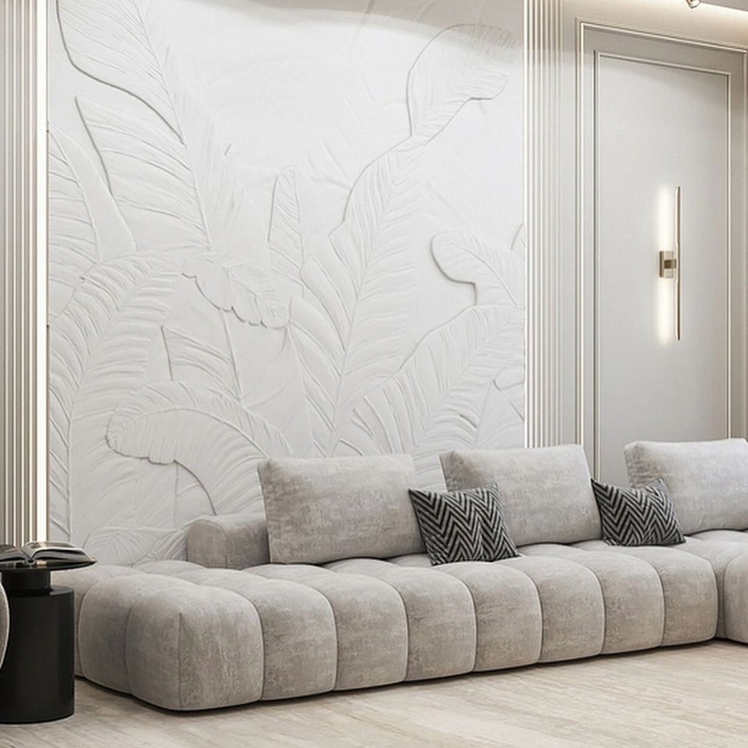 Elegant modern living room with sculptural wall art