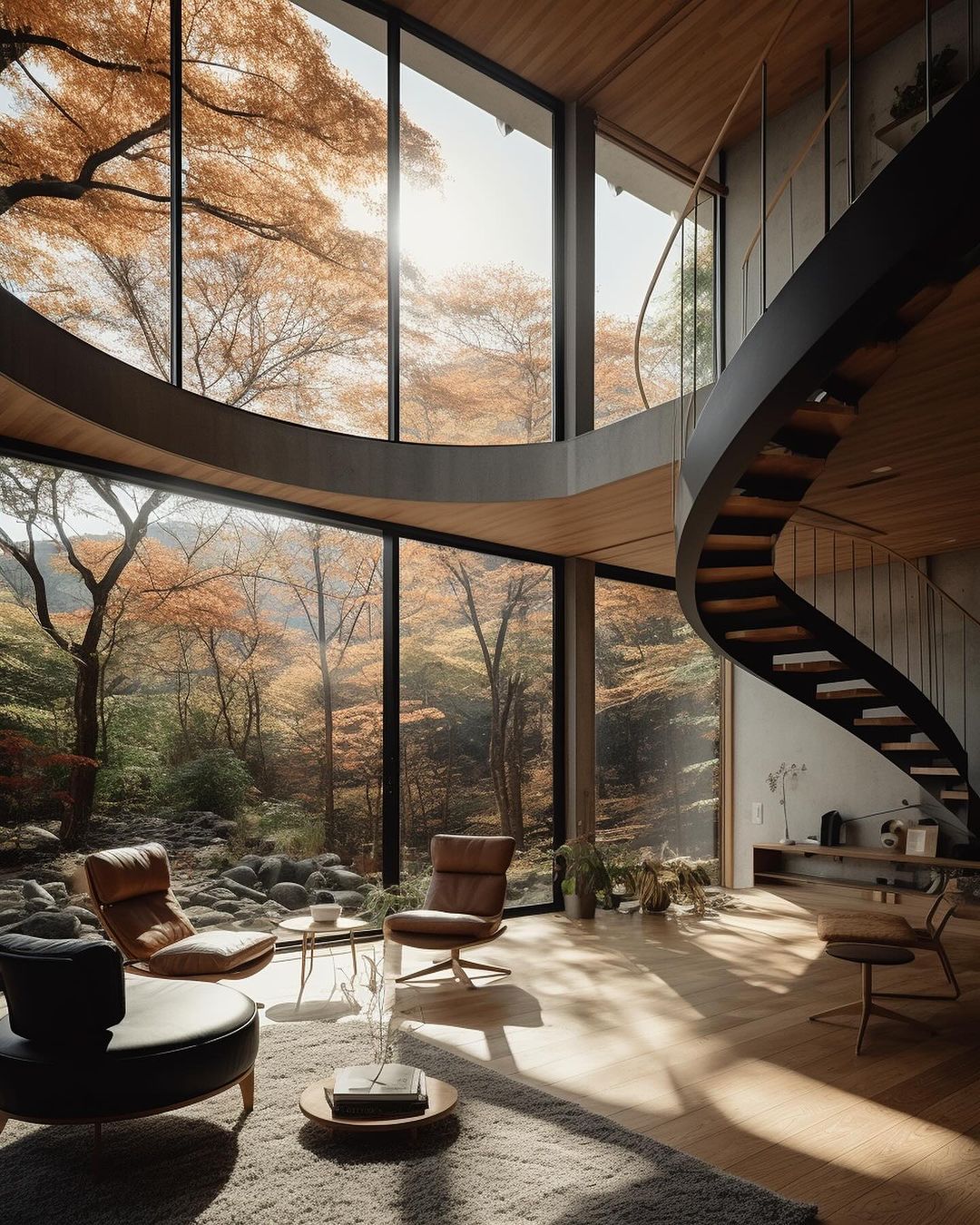 An autumn-inspired modern living room with expansive windows