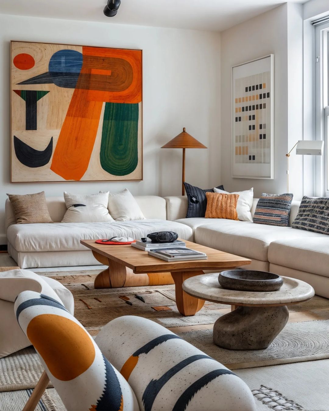 A well-composed living room blending modern art with organic furniture designs.