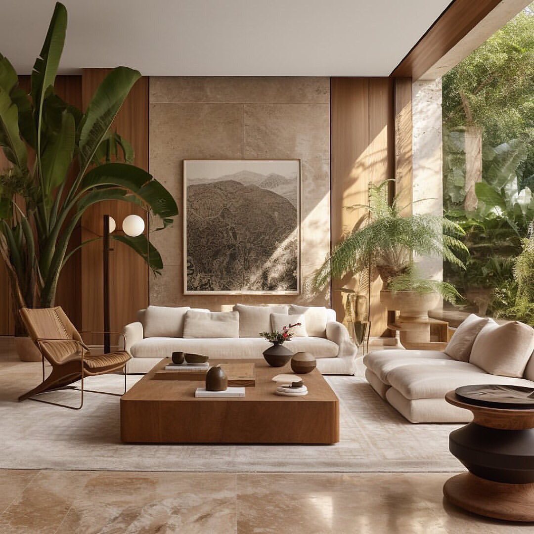 A harmoniously designed living space with lush indoor greenery