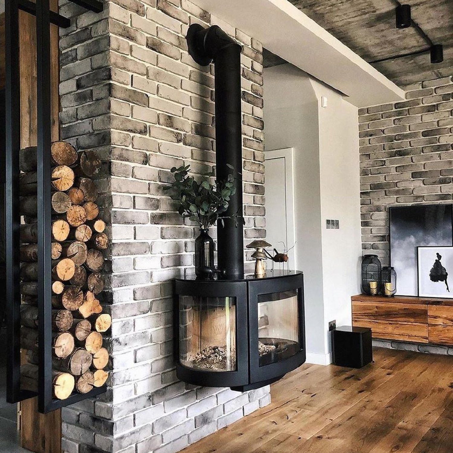 Contemporary fireplace design with log storage