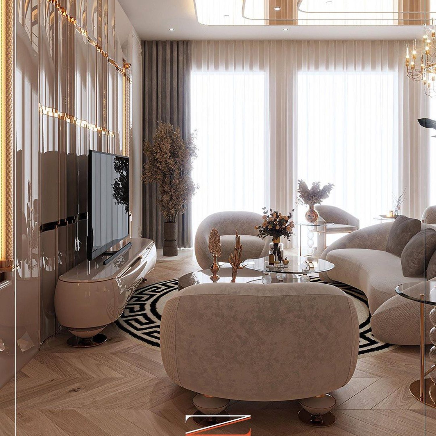 Elegant and modern living room design with seamless integration of gold accents