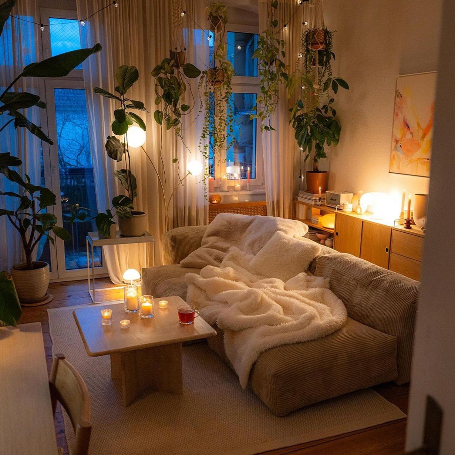 Cozy evening in a modern living room with warm lighting and green plants