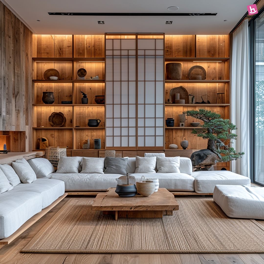 A harmonious blend of natural wood and serene whites in a spacious living room with traditional Japanese influences