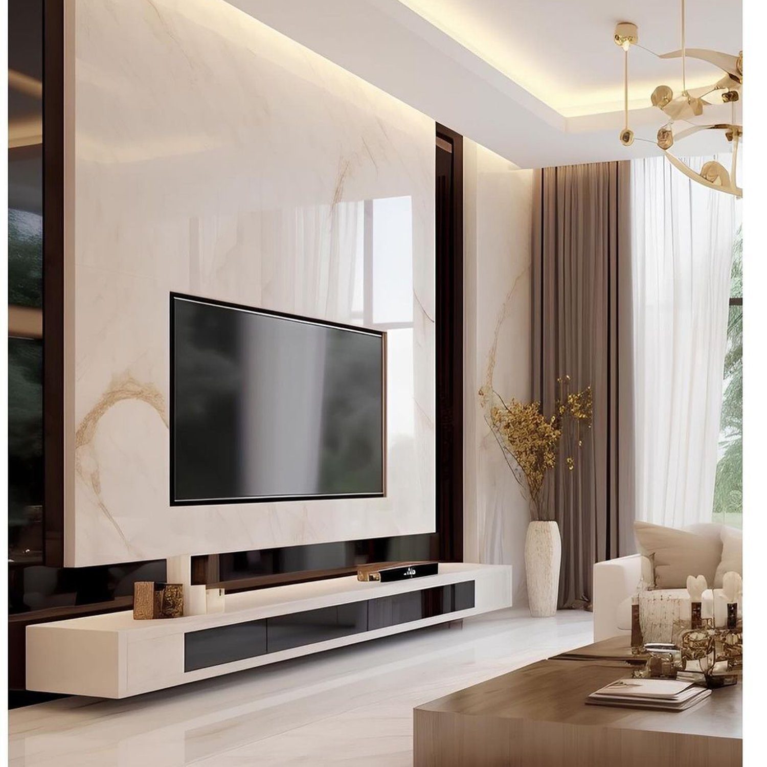 A modern living room with an elegant marble wall and mounted flat-screen TV