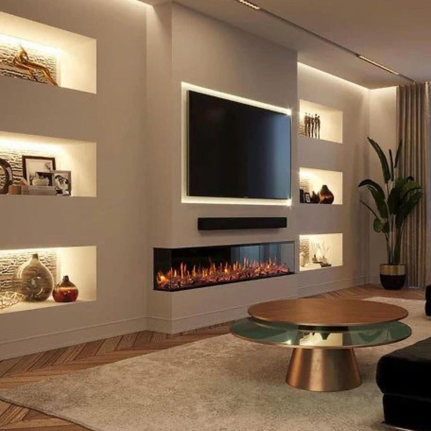 A modern living room with integrated media wall