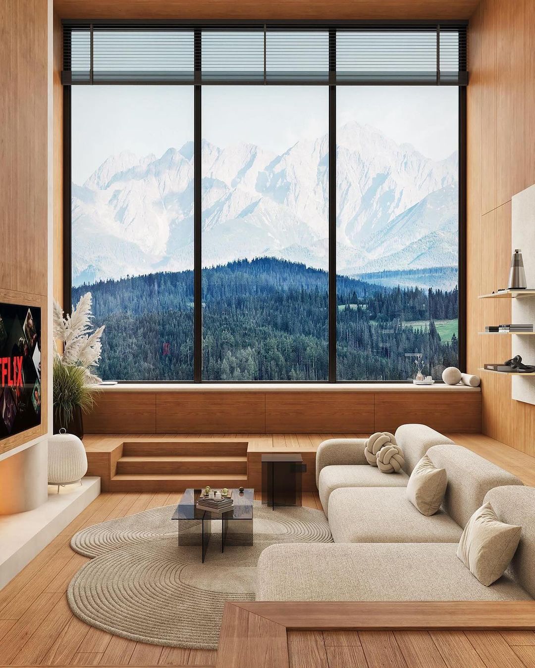 A modern living room with breathtaking mountain views