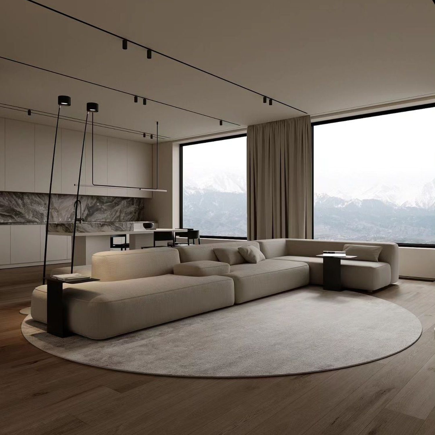 A luxurious modern living room with a panoramic view of the mountains