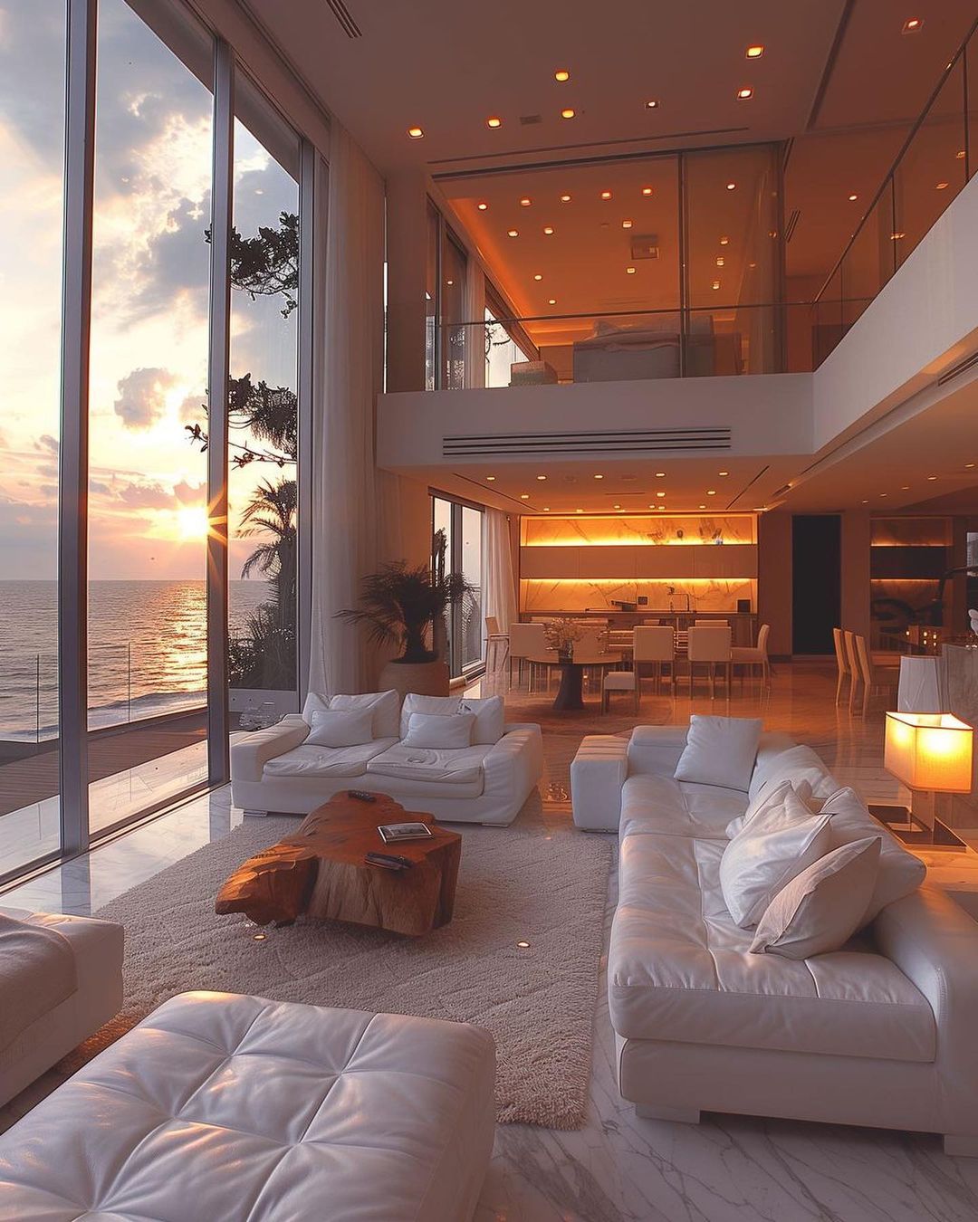 A modern living room with ocean view at sunset