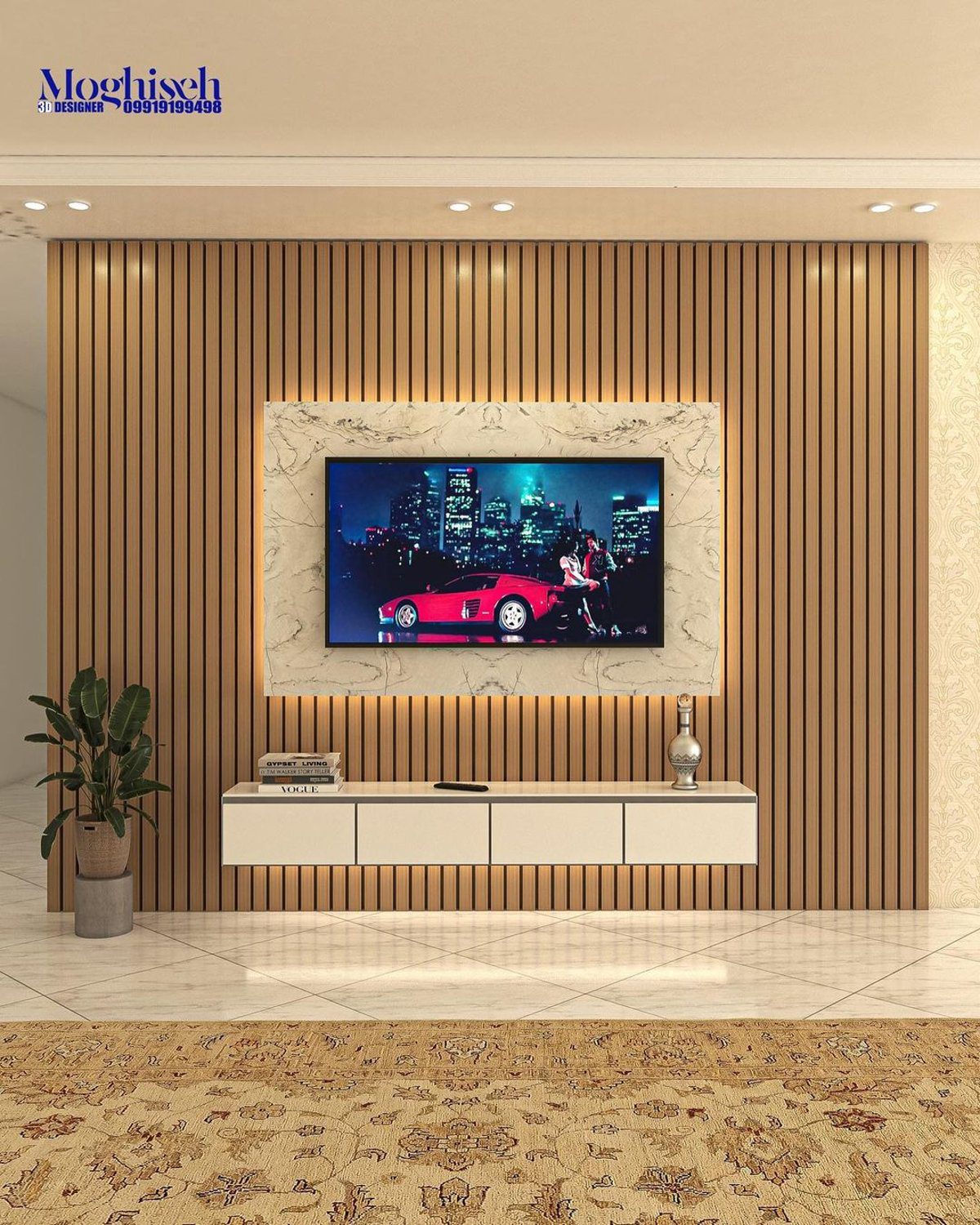 An elegantly designed living room featuring a recessed flat-screen TV