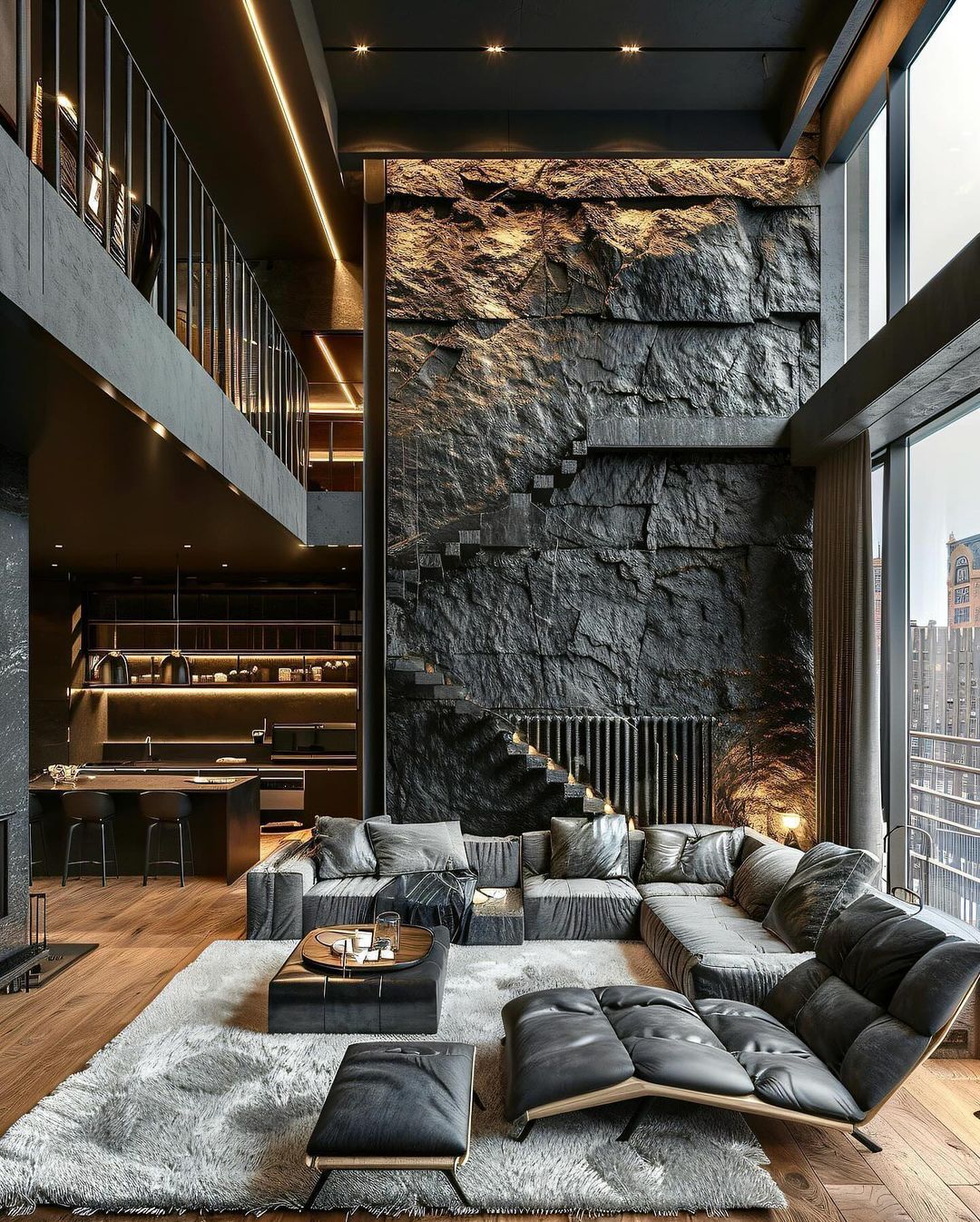 A luxuriously styled living room with a rock feature wall