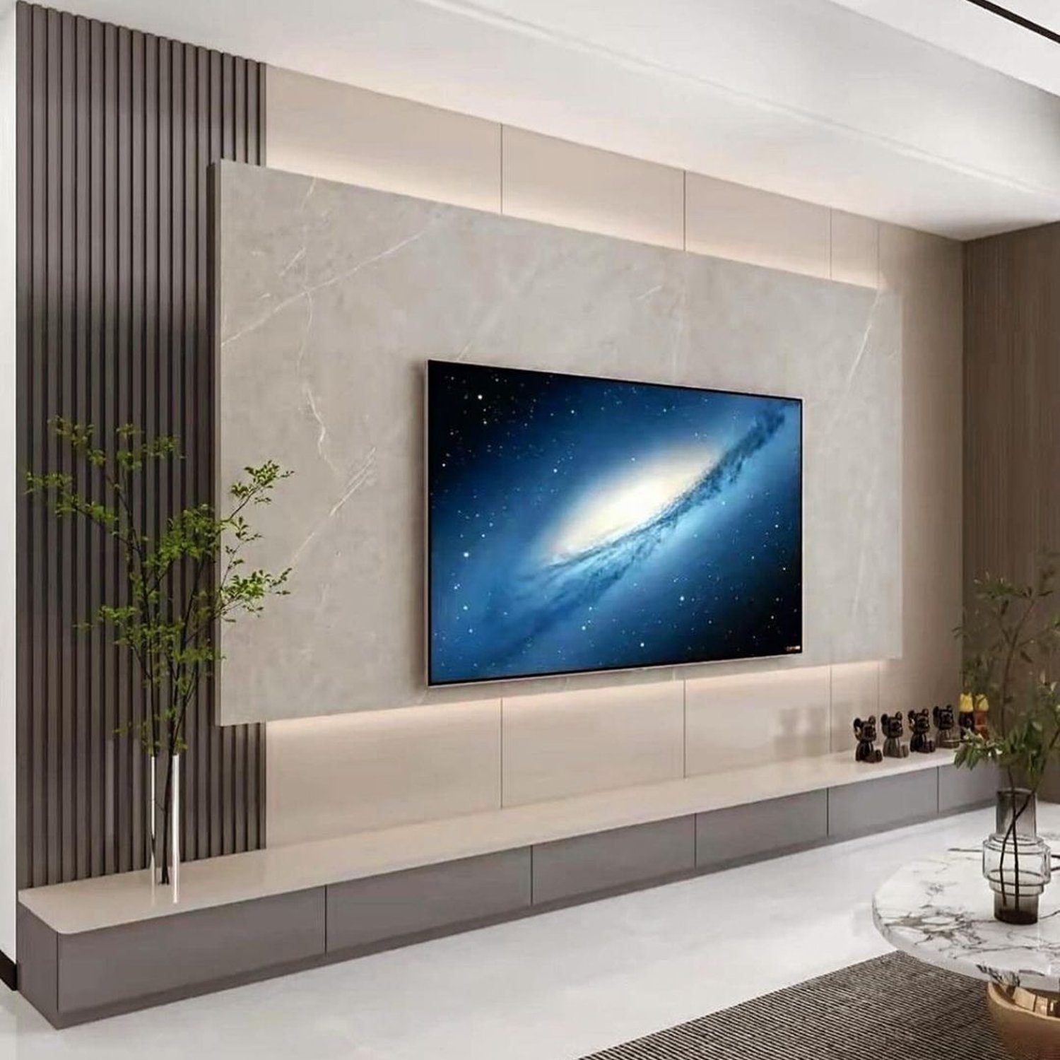 Stylish modern living room with a large space-themed wall-mounted TV