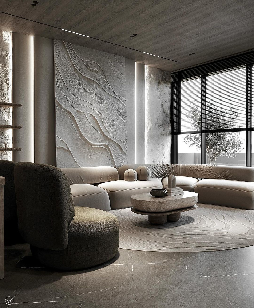 A modern living room with textured walls