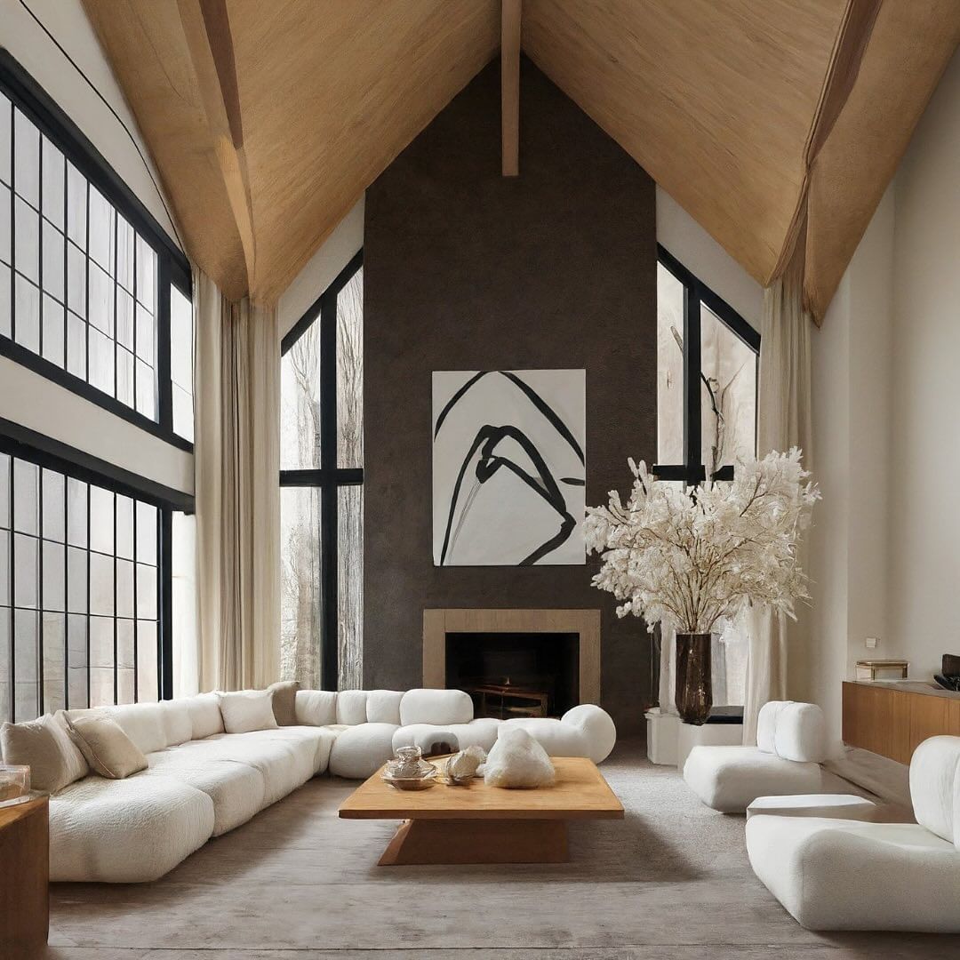 A modern living room with towering ceilings and expansive windows