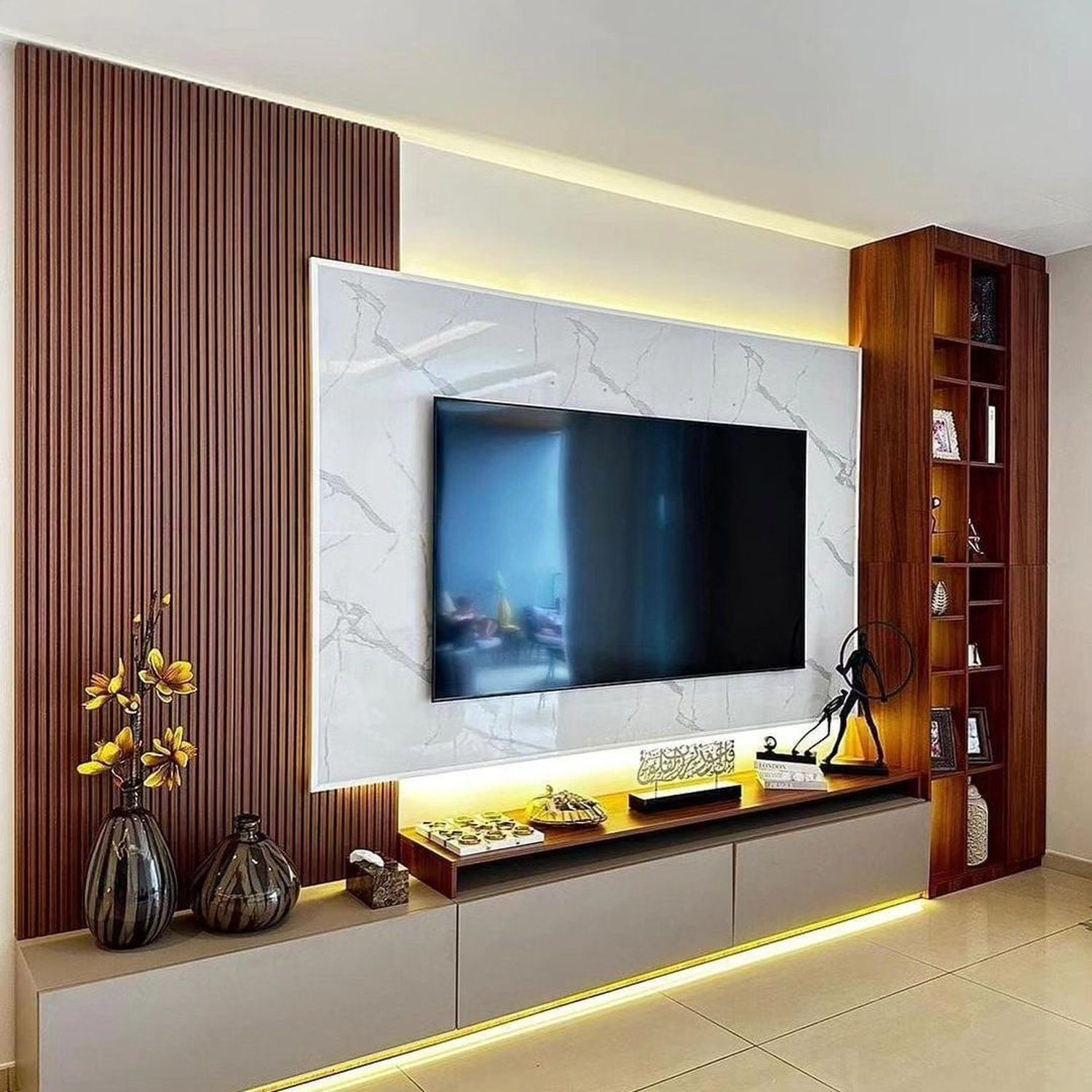 Elegantly designed living room with integrated entertainment area