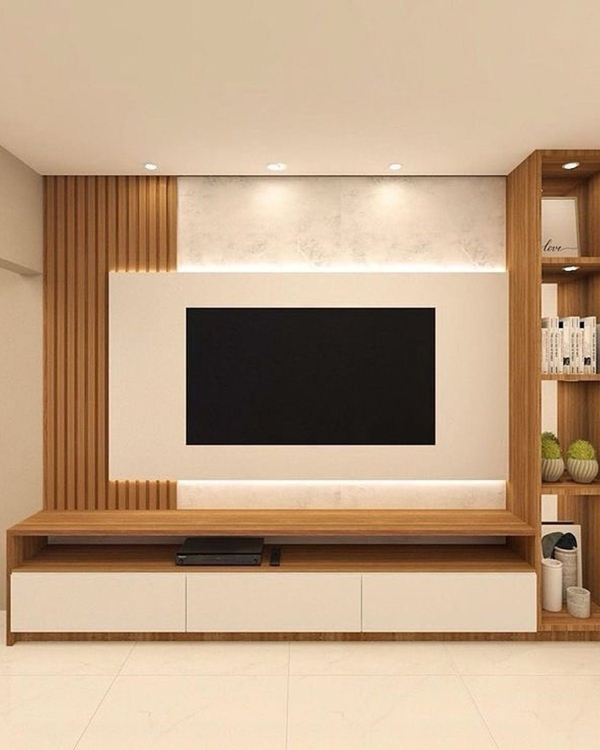 Minimalist TV and bookshelf unit in a modern living room