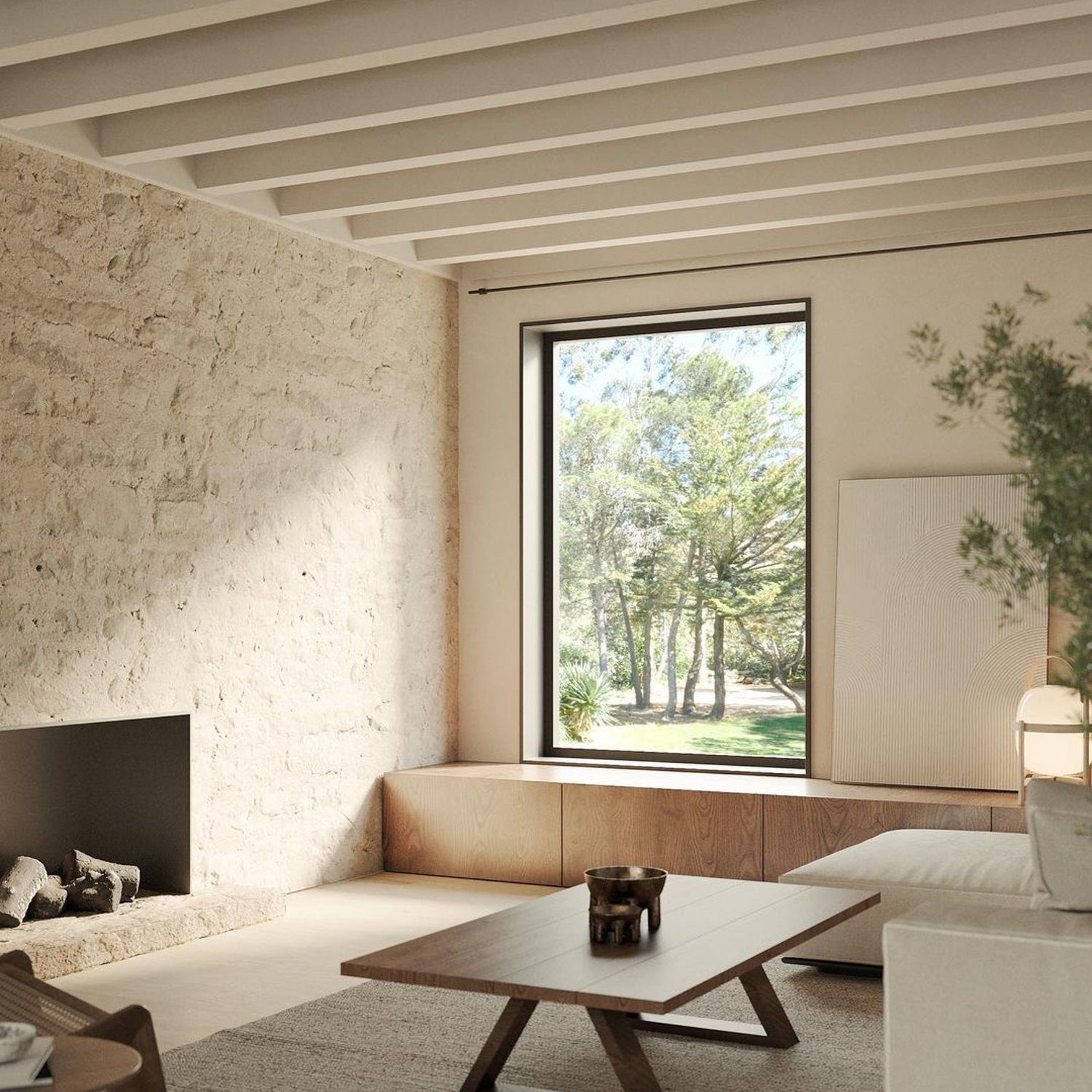 Minimalist living room with panoramic window