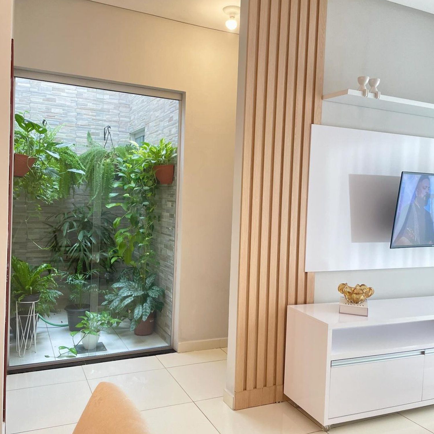 Elegantly designed living room with indoor greenery visible through a large window