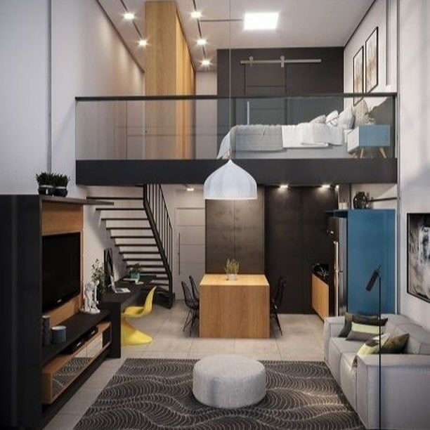 A modern loft-style apartment with an organized open-space concept.