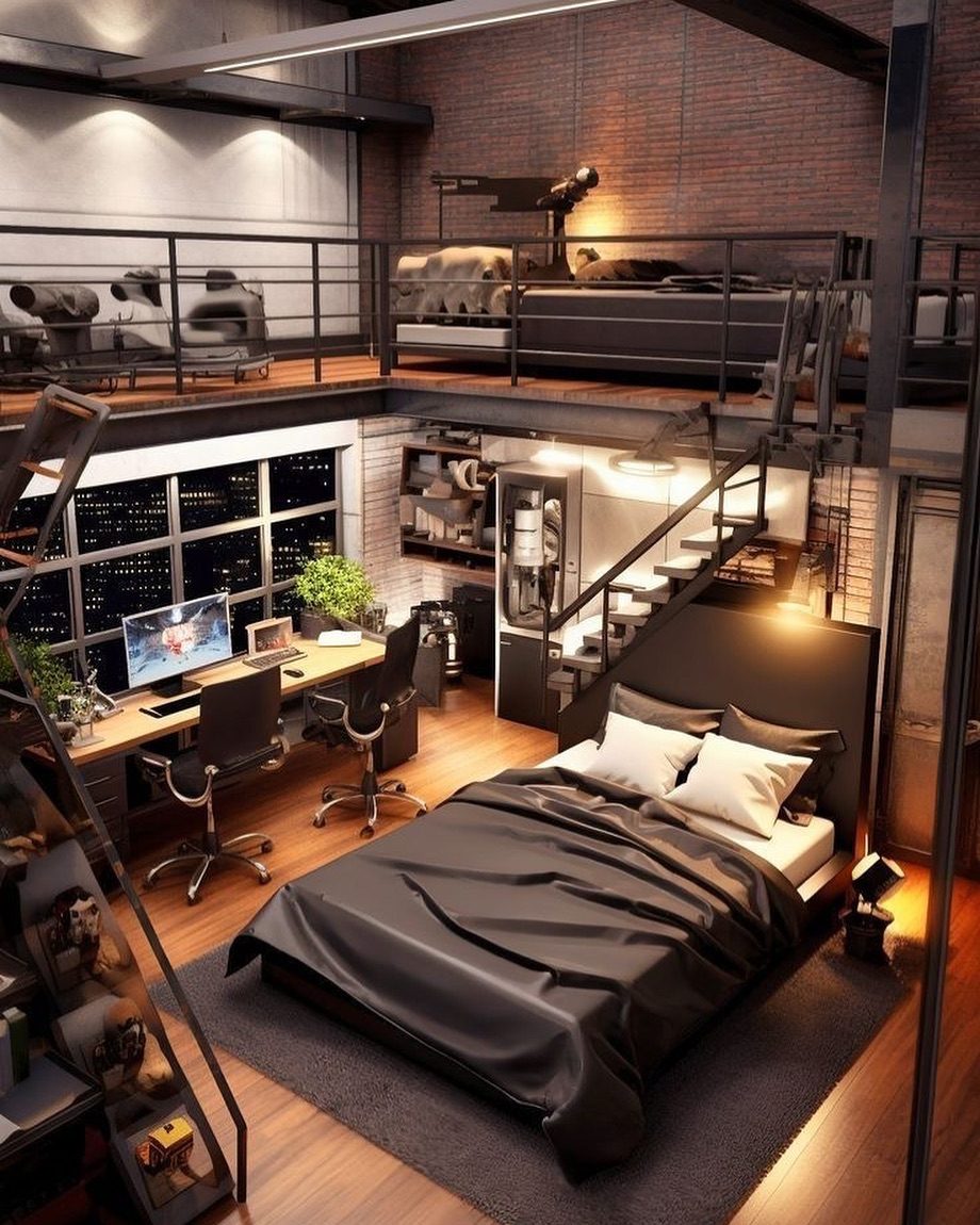 A modern loft-style bedroom with exposed brickwork and warm lighting