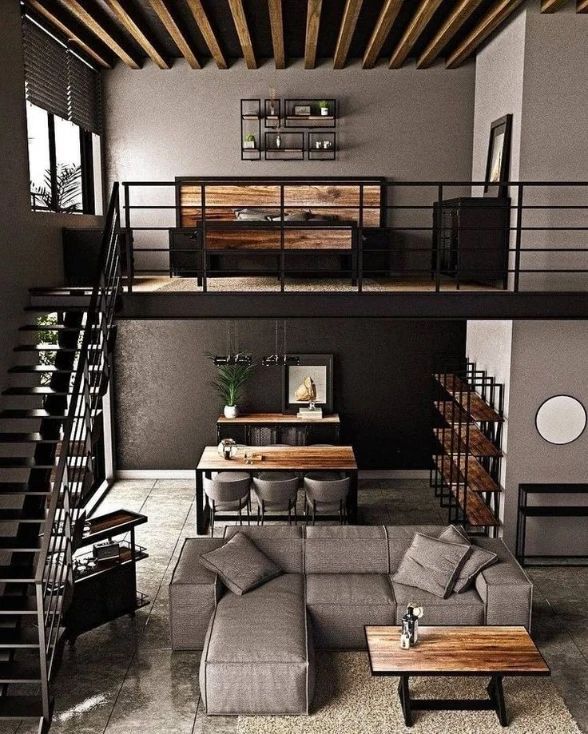 A modern loft-style living room with monochromatic tones and wooden accents