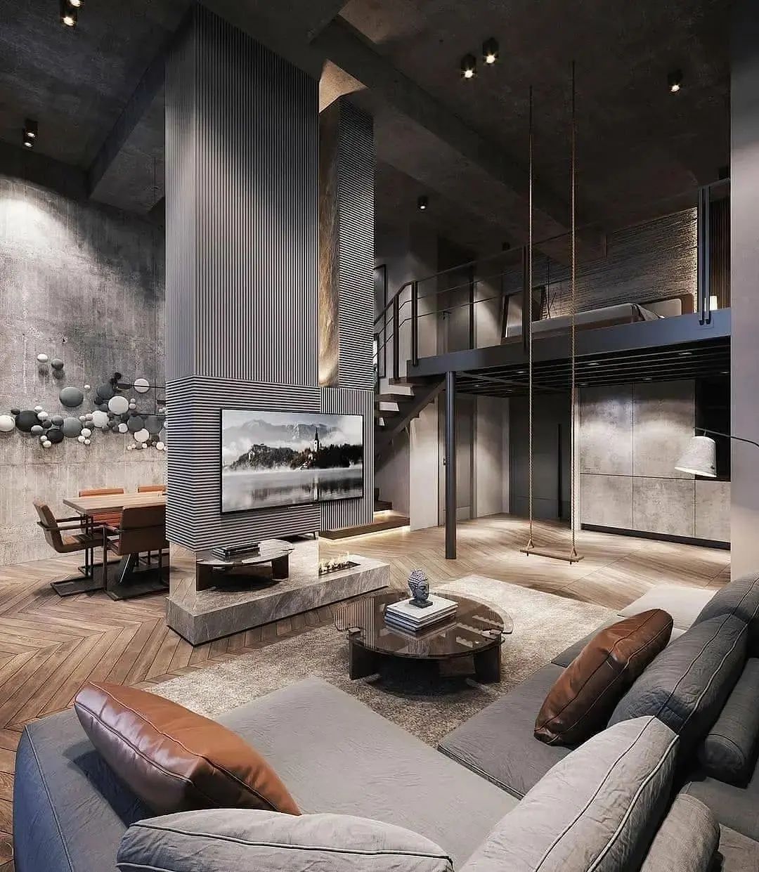 A modern loft living space featuring high ceilings and mixed textures