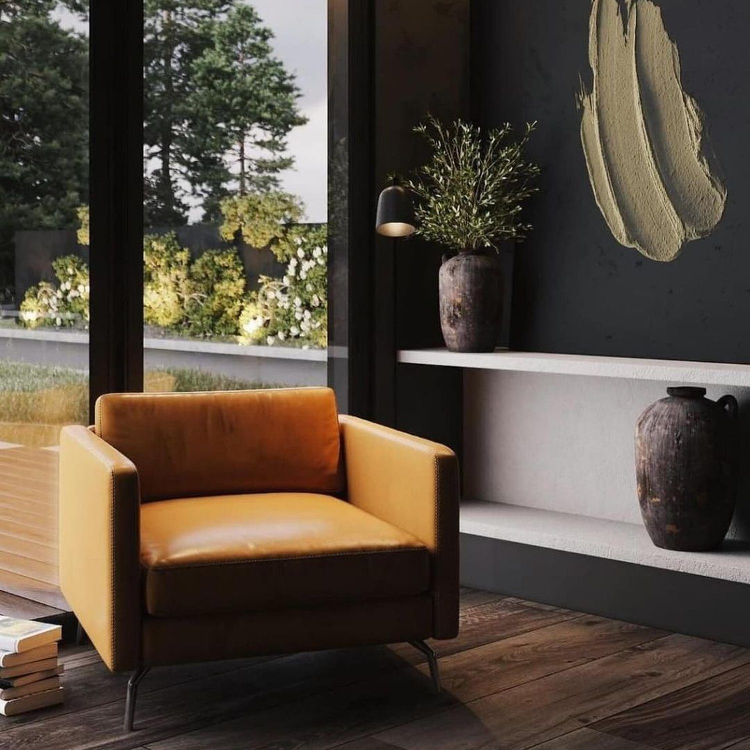 A modern and minimalist lounge area with a striking mustard armchair