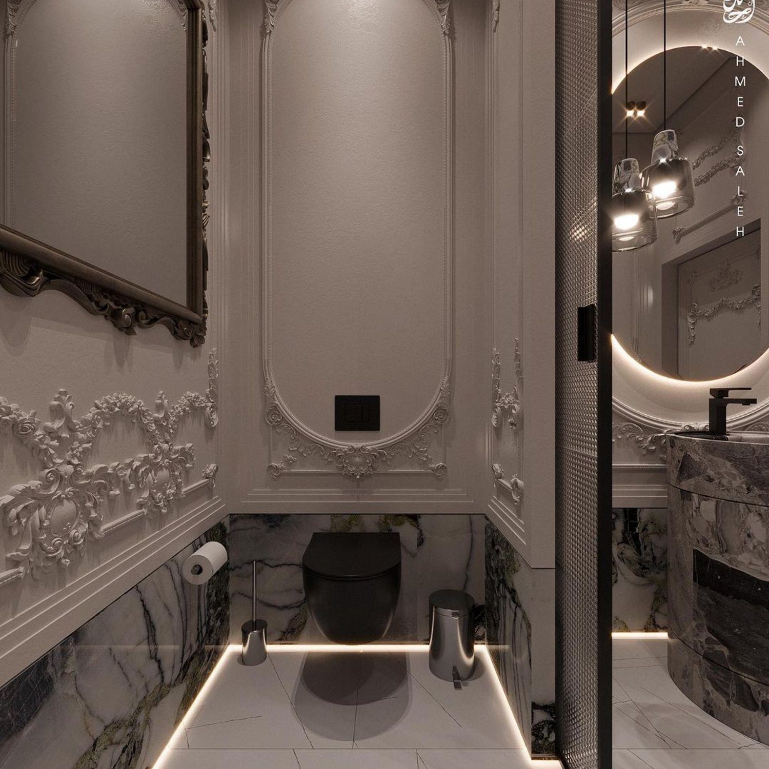 Luxurious bathroom with detailed wall molding, LED accents and marble elements