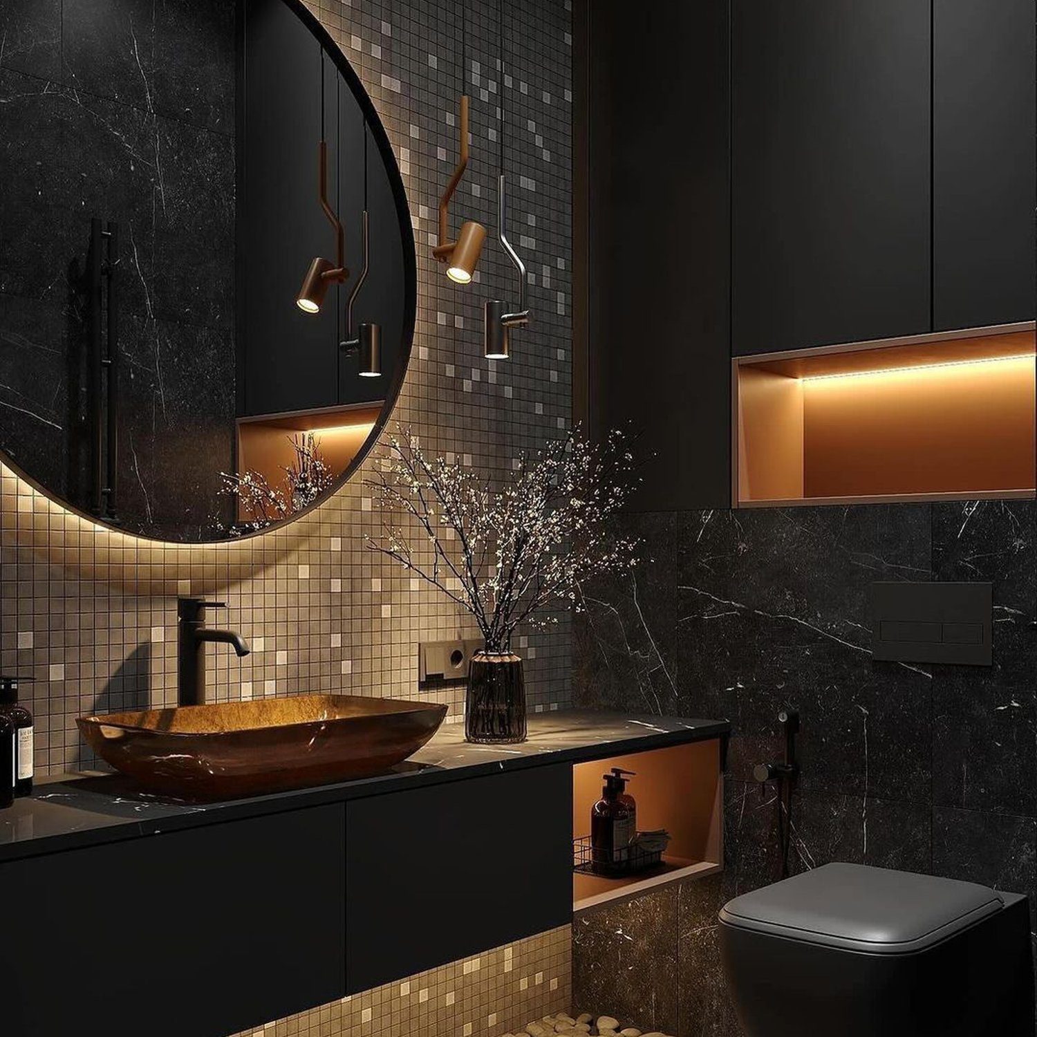 A modern bathroom with dark, luxurious tones