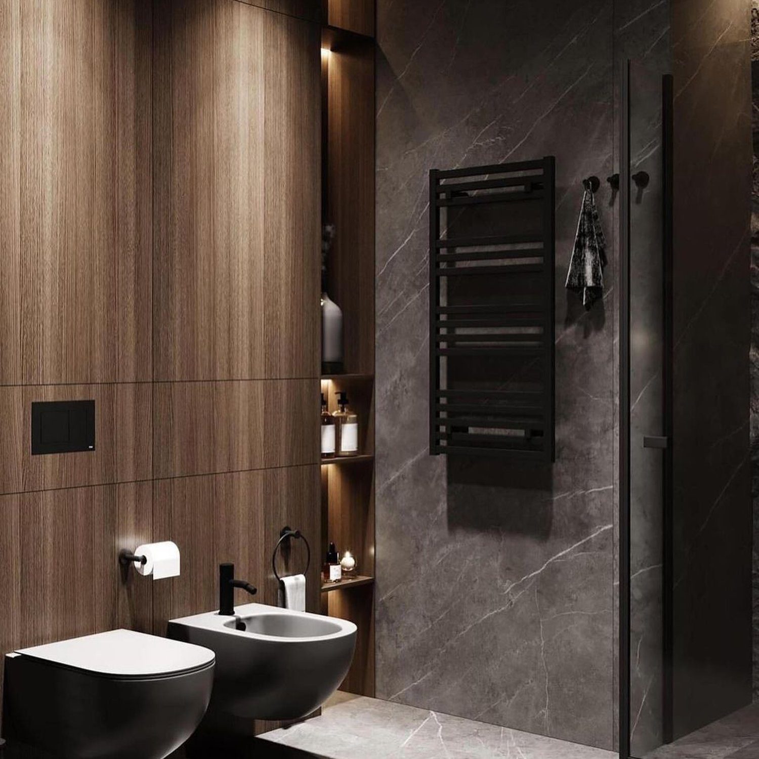 A modern and luxurious bathroom design with wood and stone elements