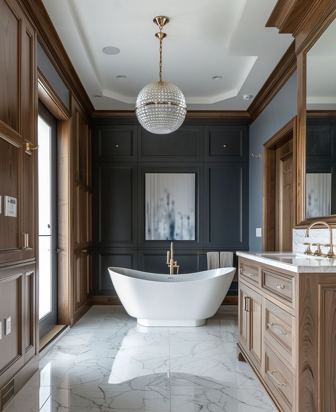 A modern luxurious bathroom with a freestanding bathtub