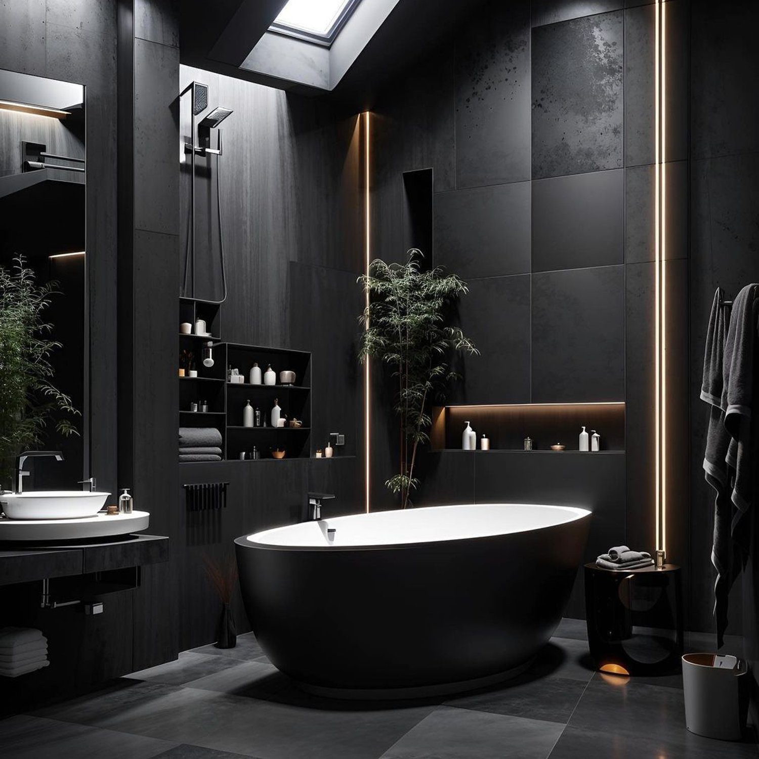 A modern luxurious bathroom featuring a sleek freestanding bathtub