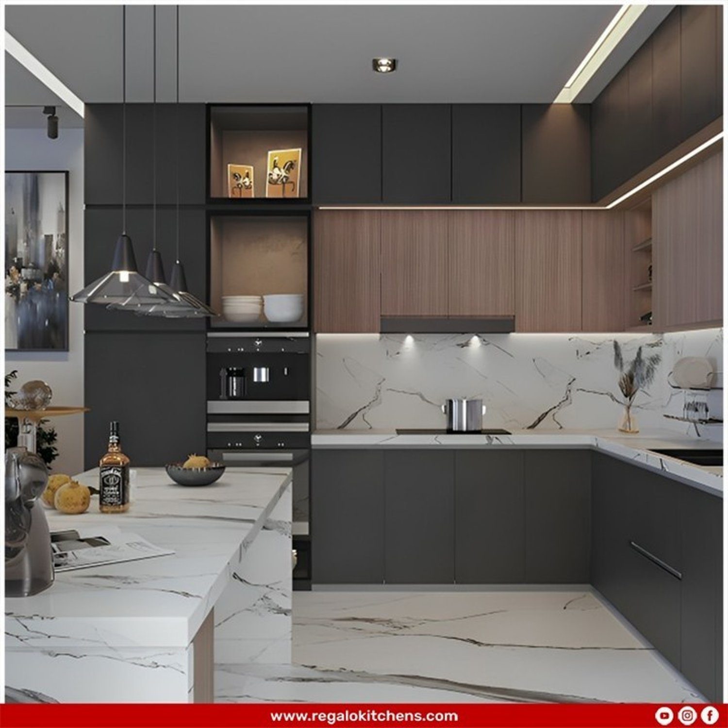 A modern, luxurious kitchen showcasing dark grey cabinetry, wood accents, and white marble countertops.