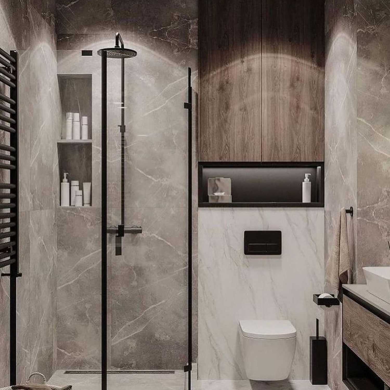 A modern and sleek bathroom featuring marble and wood textures