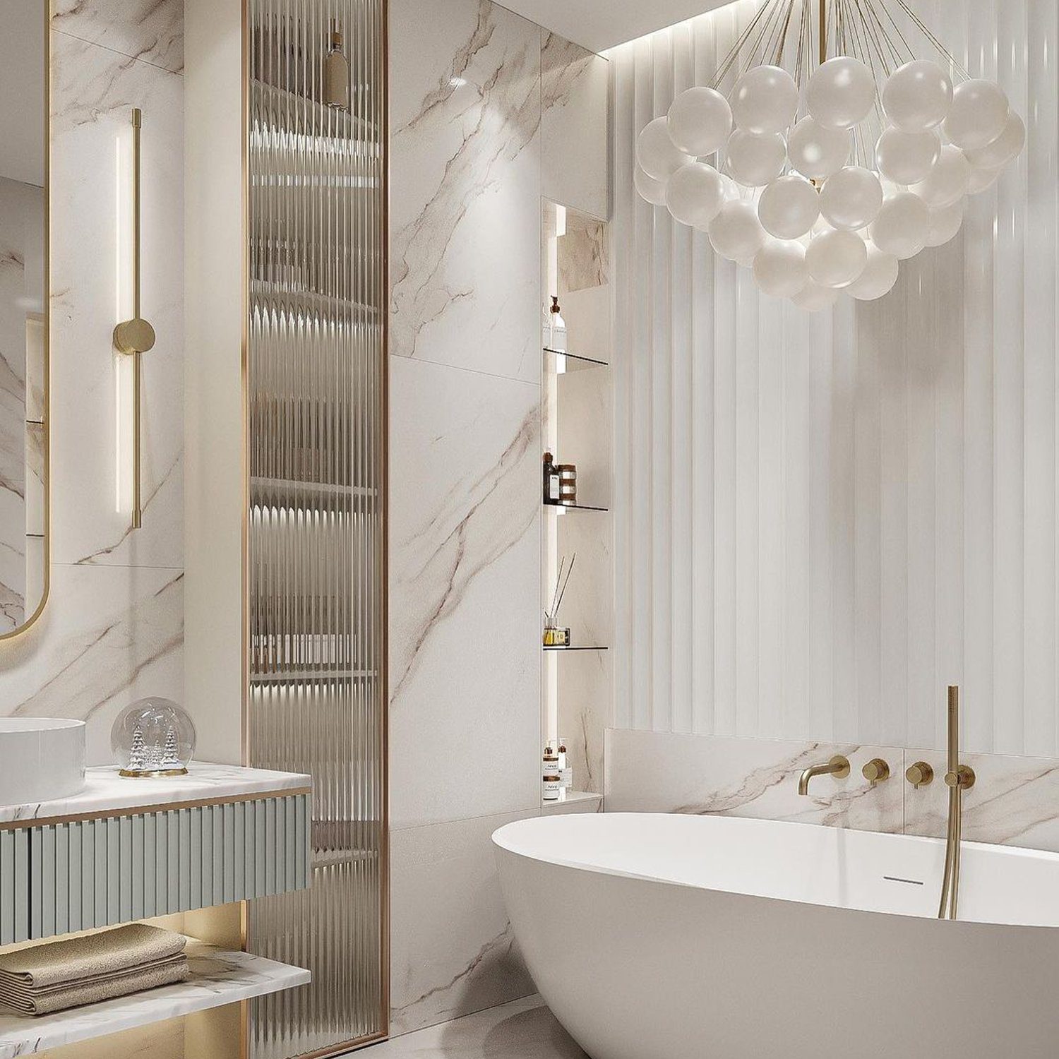 A luxurious bathroom with marble detailing and modern fixtures