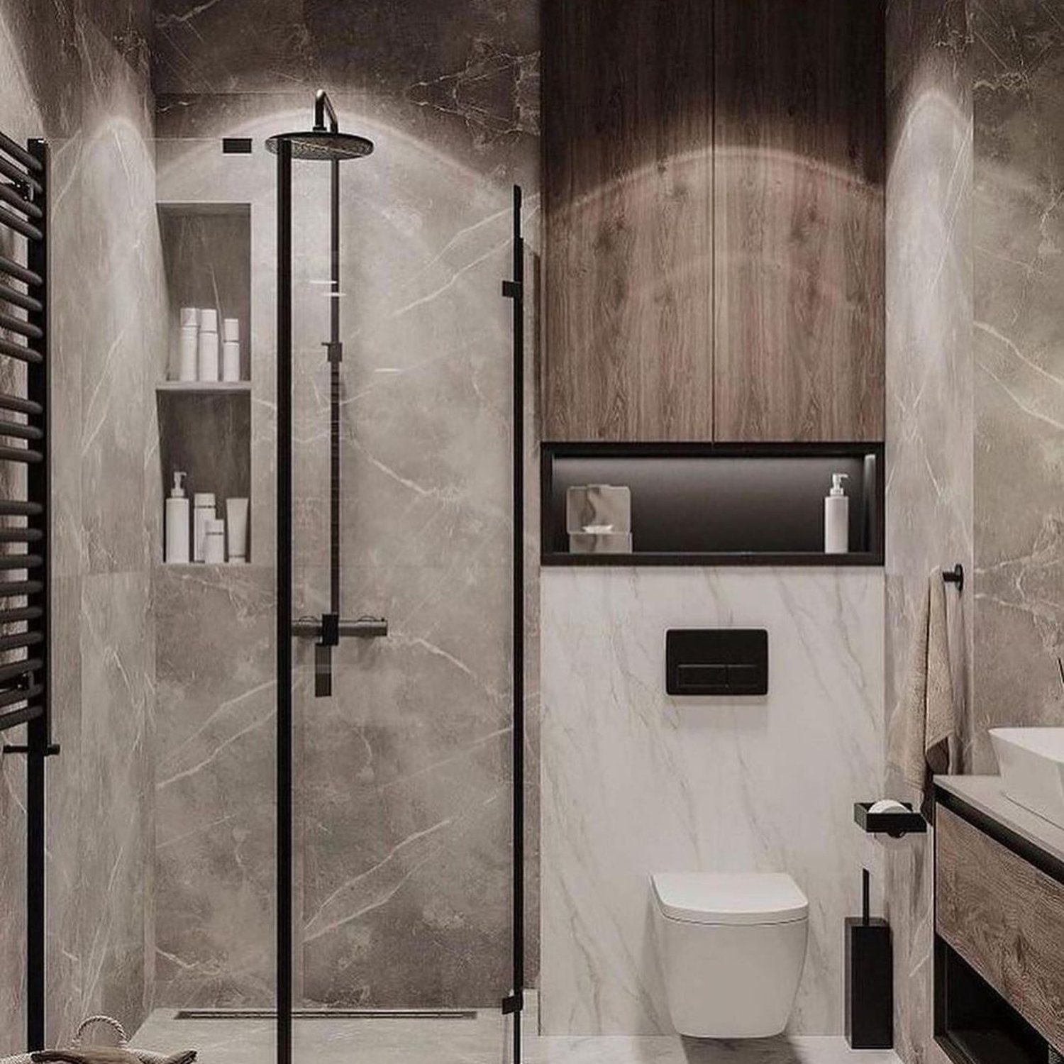 Elegant and modern bathroom with marble walls