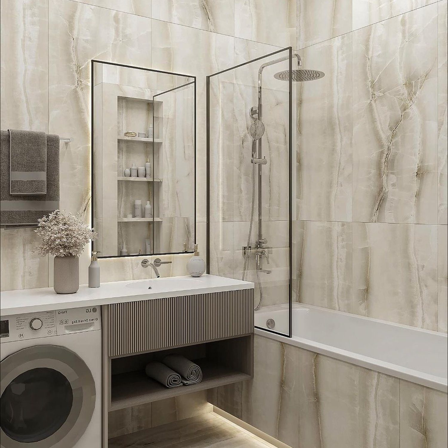 A modern bathroom with marble walls